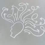 Chalk drawing of a head with swirling arrows represents mental activity and thought process.